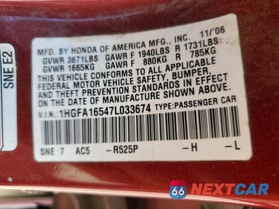 Zdjęcie 12 z 12 samochodu: 2007 HONDA CIVIC LX VIN:1HGFA16547L033674 - miniatura