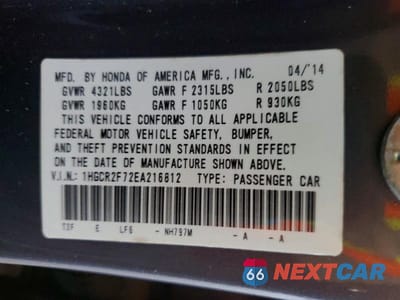 Zdjęcie 12 z 12 samochodu: 2014 HONDA ACCORD EX VIN:1HGCR2F72EA216812 - miniatura