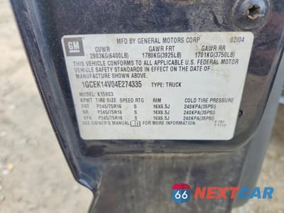 Zdjęcie 12 z 12 samochodu: 2004 CHEVROLET SILVERADO K1500 VIN:1GCEK14V04E274335 - miniatura
