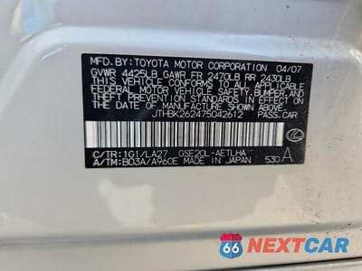 Zdjęcie 12 z 12 samochodu: 2007 LEXUS IS 250 VIN:JTHBK262475042612 - miniatura