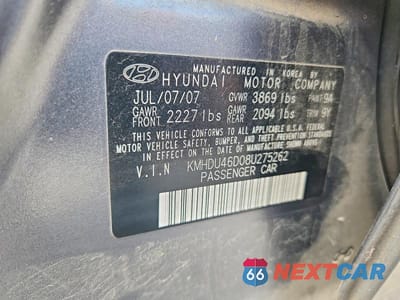 Zdjęcie 12 z 12 samochodu: 2008 HYUNDAI ELANTRA GLS VIN:KMHDU46D08U275262 - miniatura