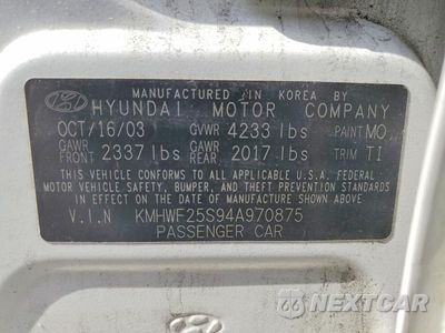 Zdjęcie 12 z 12 samochodu: 2004 HYUNDAI SONATA GL VIN:KMHWF25S94A970875 - miniatura