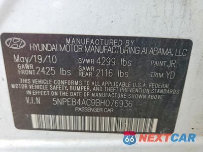 Zdjęcie 12 z 12 samochodu: 2011 HYUNDAI SONATA GLS VIN:5NPEB4AC9BH076936 - miniatura