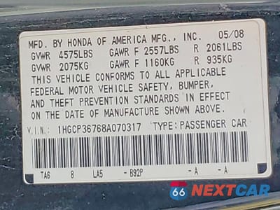 Zdjęcie 12 z 12 samochodu: 2008 HONDA ACCORD EX VIN:1HGCP36768A070317 - miniatura