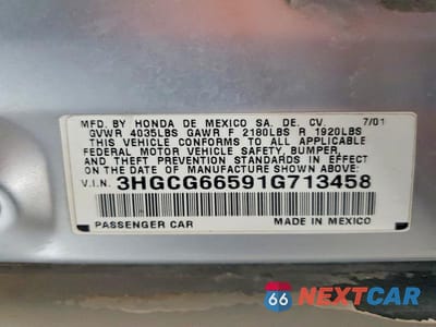 Zdjęcie 12 z 12 samochodu: 2001 HONDA ACCORD LX VIN:3HGCG66591G713458 - miniatura