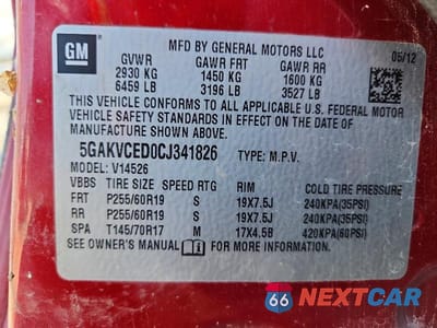 Zdjęcie 12 z 12 samochodu: 2012 BUICK ENCLAVE VIN:5GAKVCED0CJ341826 - miniatura