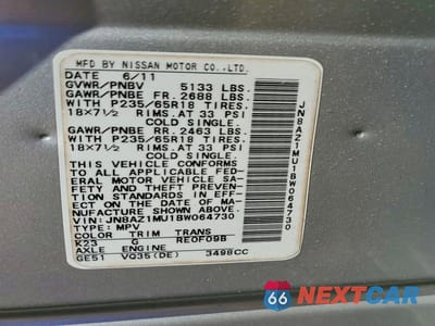 Zdjęcie 13 z 13 samochodu: 2011 NISSAN MURANO S VIN:JN8AZ1MU1BW064730 - miniatura