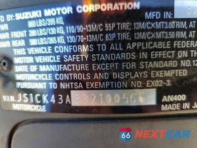 Zdjęcie 9 z 9 samochodu: 2003 SUZUKI AN400 K3 VIN:JS1CK43A332100566 - miniatura