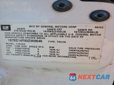 Zdjęcie 12 z 12 samochodu: 2003 GMC NEW SIERRA C1500 VIN:1GTEC14T93Z360648 - miniatura