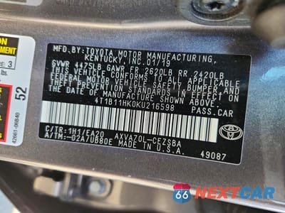 Zdjęcie 13 z 13 samochodu: 2019 TOYOTA CAMRY SE VIN:4T1B11HK0KU216598 - miniatura