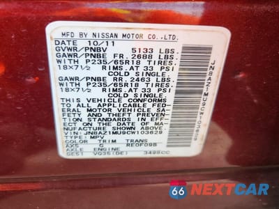 Zdjęcie 13 z 13 samochodu: 2012 NISSAN MURANO S VIN:JN8AZ1MU9CW103629 - miniatura