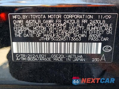 Zdjęcie 12 z 12 samochodu: 2010 LEXUS IS 250 VIN:JTHBF5C22A5113663 - miniatura
