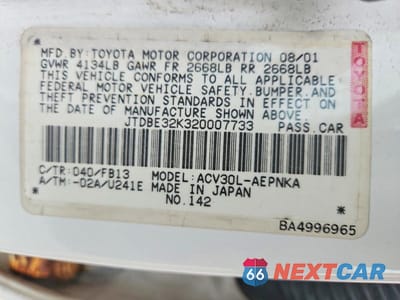 Zdjęcie 12 z 12 samochodu: 2002 TOYOTA CAMRY LE VIN:JTDBE32K320007733 - miniatura