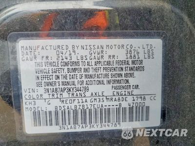 Zdjęcie 12 z 12 samochodu: 2019 NISSAN SENTRA S VIN:3N1AB7AP3KY344789 - miniatura
