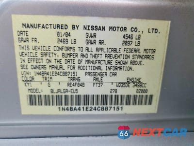 Zdjęcie 12 z 12 samochodu: 2004 NISSAN MAXIMA 3.5 SE VIN:1N4BA41E24C887151 - miniatura