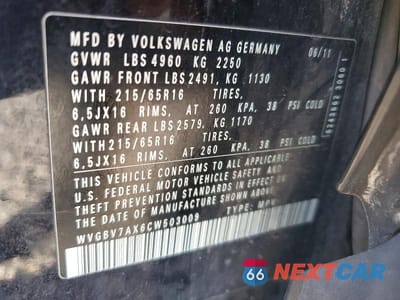 Zdjęcie 13 z 13 samochodu: 2012 VOLKSWAGEN TIGUAN S VIN:WVGBV7AX6CW503009 - miniatura