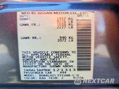 Zdjęcie 12 z 12 samochodu: 2017 NISSAN ALTIMA 2.5 SR VIN:1N4AL3AP9HC121313 - miniatura