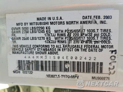 Zdjęcie 13 z 13 samochodu: 2004 MITSUBISHI ENDEAVOR XLS VIN:4A4MM31S04E002422 - miniatura