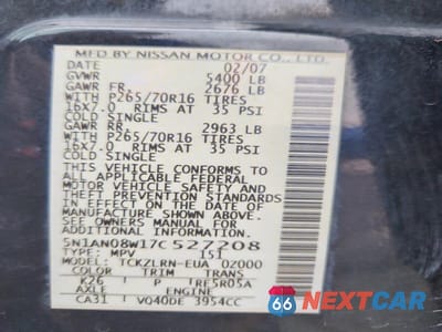Zdjęcie 14 z 14 samochodu: 2007 NISSAN XTERRA OFF ROAD/S/SE VIN:5N1AN08W17C527208 - miniatura