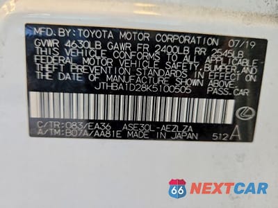Zdjęcie 12 z 12 samochodu: 2019 LEXUS IS 300 VIN:JTHBA1D28K5100505 - miniatura
