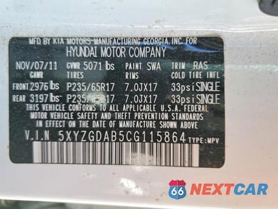 Zdjęcie 13 z 13 samochodu: 2012 HYUNDAI SANTA FE GLS VIN:5XYZGDAB5CG115864 - miniatura
