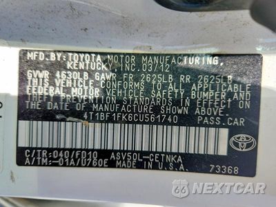 Zdjęcie 12 z 12 samochodu: 2012 TOYOTA CAMRY LE VIN:4T1BF1FK6CU561740 - miniatura