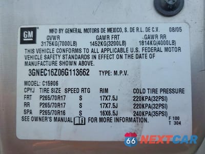 Zdjęcie 13 z 13 samochodu: 2006 CHEVROLET SUBURBAN C1500 VIN:3GNEC16Z06G113662 - miniatura