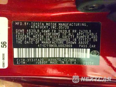 Zdjęcie 12 z 12 samochodu: 2020 TOYOTA CAMRY LE VIN:4T1C11BK0LU002869 - miniatura