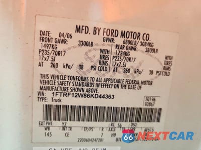 Zdjęcie 12 z 12 samochodu: 2006 FORD F150 VIN:1FTRF12W86KD44363 - miniatura