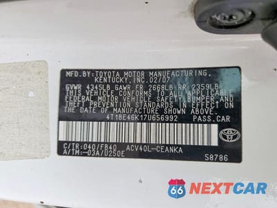 Zdjęcie 12 z 12 samochodu: 2007 TOYOTA CAMRY LE VIN:4T1BE46K17U656992 - miniatura