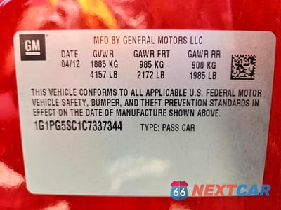 Zdjęcie 13 z 13 samochodu: 2012 CHEVROLET CRUZE LT VIN:1G1PG5SC1C7337344 - miniatura