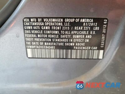Zdjęcie 12 z 12 samochodu: 2012 VOLKSWAGEN PASSAT SE VIN:1VWBP7A31CC043493 - miniatura