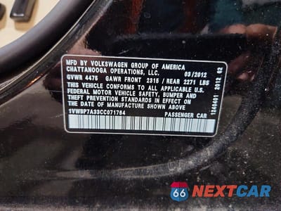 Zdjęcie 12 z 12 samochodu: 2012 VOLKSWAGEN PASSAT SE VIN:1VWBP7A33CC071764 - miniatura