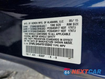 Zdjęcie 13 z 13 samochodu: 2015 HONDA ODYSSEY EXL VIN:5FNRL5H64FB105042 - miniatura