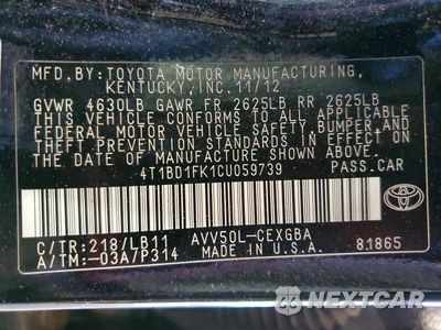 Zdjęcie 12 z 12 samochodu: 2012 TOYOTA CAMRY HYBRID XLE VIN:4T1BD1FK1CU059739 - miniatura