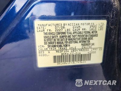 Zdjęcie 12 z 12 samochodu: 2008 NISSAN SENTRA 2.0/2.0S/2.0SL VIN:3N1AB61E48L743614 - miniatura