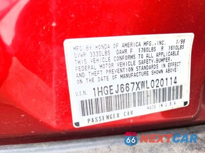 Zdjęcie 13 z 13 samochodu: 1998 HONDA CIVIC LX VIN:1HGEJ667XWL020114 - miniatura