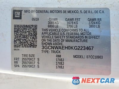 Zdjęcie 13 z 13 samochodu: 2019 CHEVROLET SILVERADO C1500 VIN:3GCNWAEH0KG223467 - miniatura