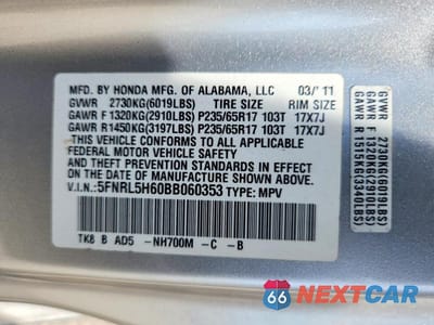 Zdjęcie 14 z 14 samochodu: 2011 HONDA ODYSSEY EXL VIN:5FNRL5H60BB060353 - miniatura