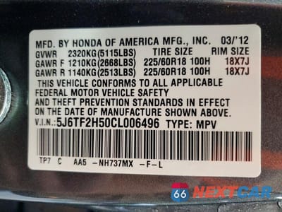 Zdjęcie 12 z 12 samochodu: 2012 HONDA CROSSTOUR EXL VIN:5J6TF2H50CL006496 - miniatura