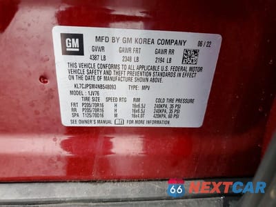Zdjęcie 12 z 12 samochodu: 2022 CHEVROLET TRAX 1LT VIN:KL7CJPSM4NB548093 - miniatura