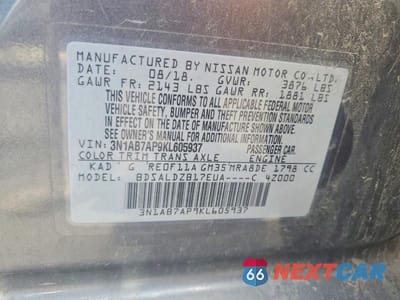 Zdjęcie 12 z 12 samochodu: 2019 NISSAN SENTRA SV VIN:3N1AB7AP9KL605937 - miniatura