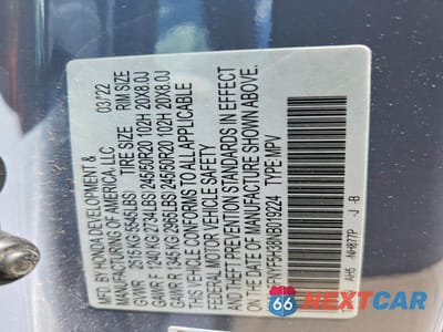 Zdjęcie 14 z 14 samochodu: 2022 HONDA PILOT SPORT VIN:5FNYF5H38NB019224 - miniatura