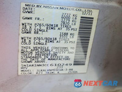 Zdjęcie 13 z 13 samochodu: 2012 NISSAN PATHFINDER S VIN:5N1AR1NN3CC610249 - miniatura
