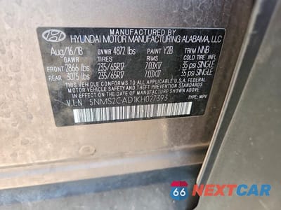 Zdjęcie 13 z 13 samochodu: 2019 HYUNDAI SANTA FE SE VIN:5NMS2CAD1KH027393 - miniatura