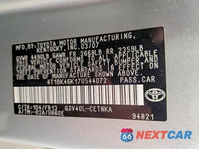 Zdjęcie 13 z 13 samochodu: 2007 TOYOTA CAMRY LE V6 VIN:4T1BK46K17U544072 - miniatura