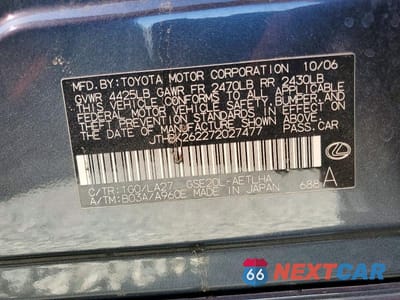 Zdjęcie 12 z 12 samochodu: 2007 LEXUS IS 250 VIN:JTHBK262272027477 - miniatura