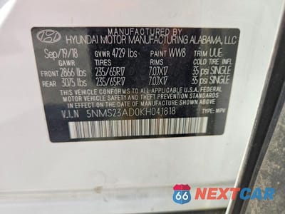 Zdjęcie 13 z 13 samochodu: 2019 HYUNDAI SANTA FE SE VIN:5NMS23AD0KH041818 - miniatura