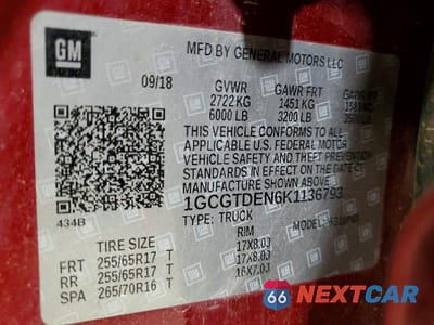 Zdjęcie 12 z 12 samochodu: 2019 CHEVROLET COLORADO Z71 VIN:1GCGTDEN6K1136793 - miniatura