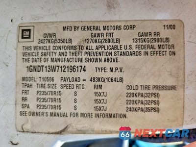 Zdjęcie 13 z 13 samochodu: 2001 CHEVROLET BLAZER VIN:1GNDT13W712196174 - miniatura